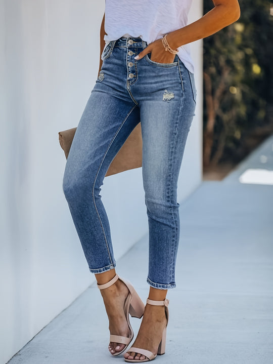 Eveline - Ripped Slim-fit Jeans with Cropped Design