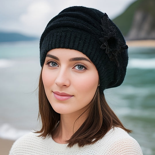 Lotte - Striped Slouchy Beanie with Floral Decor - Elegant Knitted Hat for Women