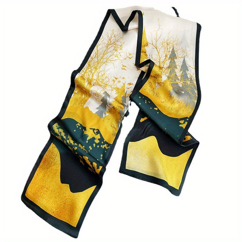 Marieke - Fashionable Yellow Silk Ribbon Scarf with Elegant Forest Design