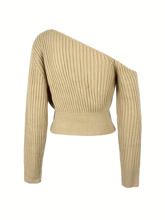 Nina - Ribbed Off Shoulder Knitted Crop Sweater, Sexy Long Sleeve Pullover