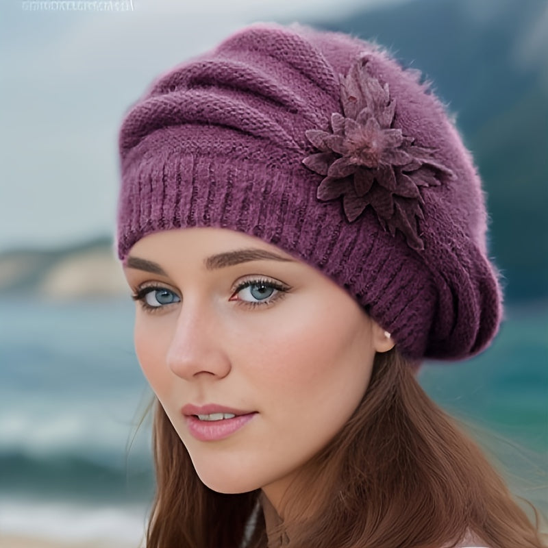 Lotte - Striped Slouchy Beanie with Floral Decor - Elegant Knitted Hat for Women