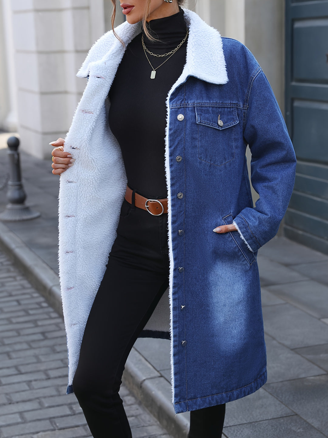 Emma - Women's Mid-Length Denim Fleece Coat, Elegant Winter Design