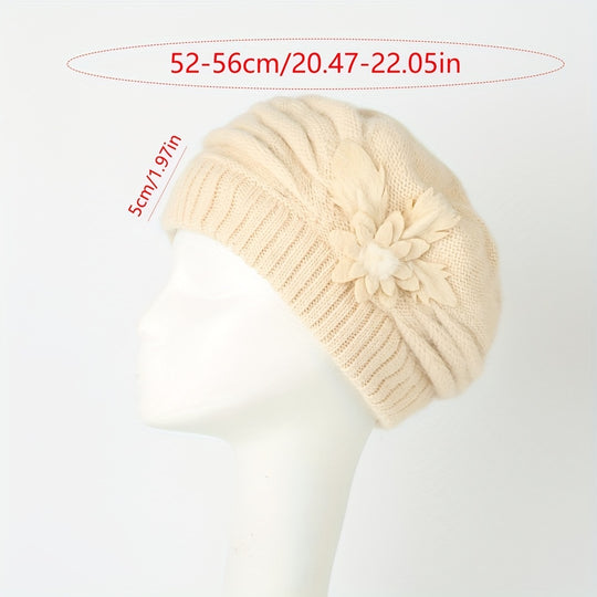 Lotte - Striped Slouchy Beanie with Floral Decor - Elegant Knitted Hat for Women