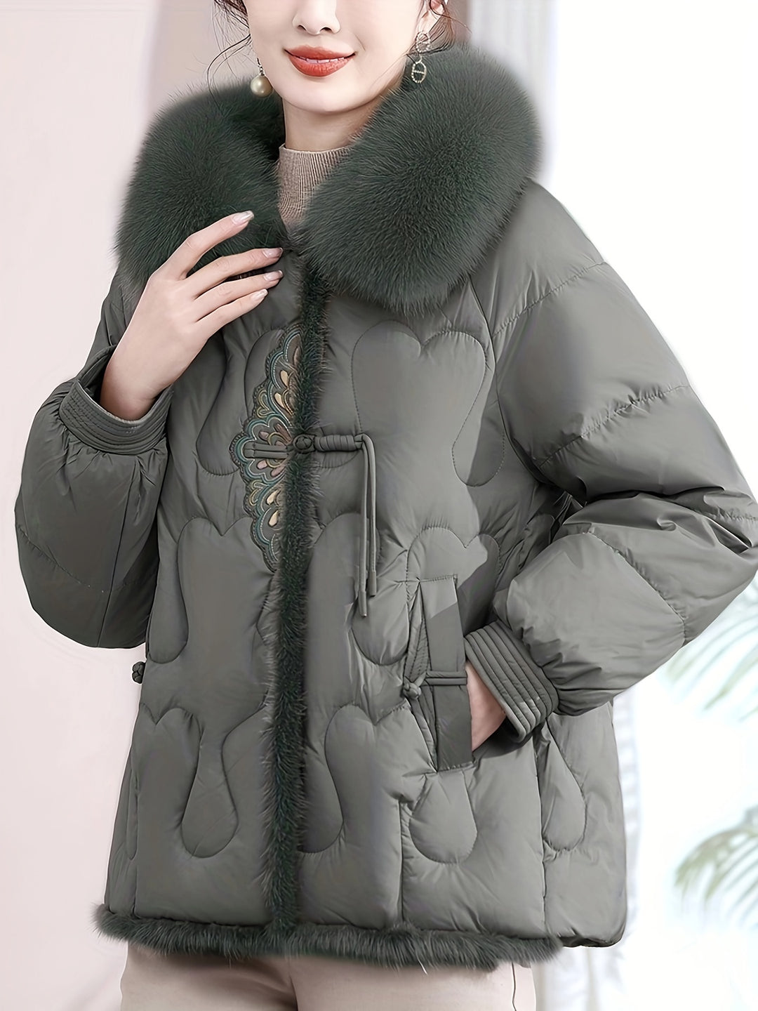 Mariska - Elegant Women's Winter Coat, Faux Fur with Geometric Embroidery html