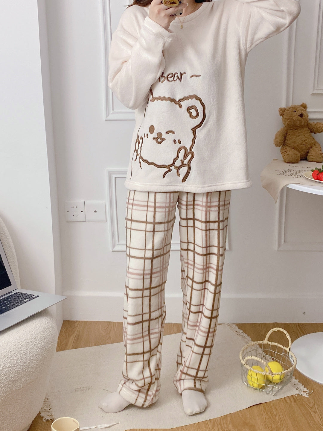 Lotte - Cute Animal Print Fleece Pyjama Set with Round Neck