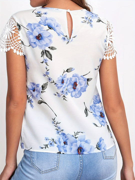 Yara - Floral Print Blouse With Contrasting Lace