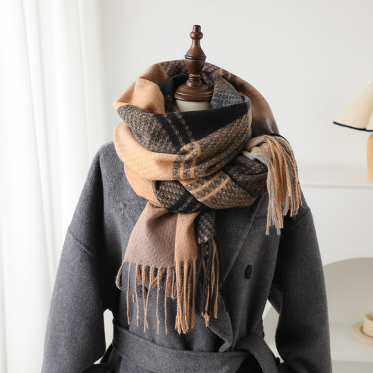 Marieke - Elegant Checked Scarf with Fringes, Warm &amp; Stylish for Fall/Winter