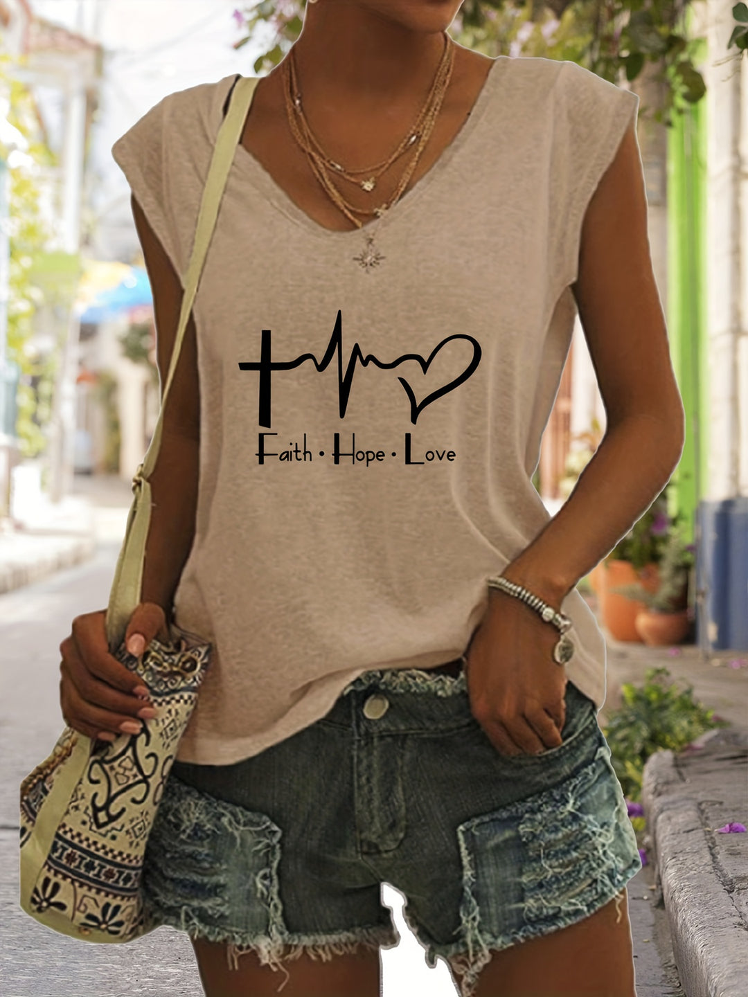 Lisanne - Faith &amp; Love Print Tank Top, Casual Sleeveless V-Neck Top For Summer