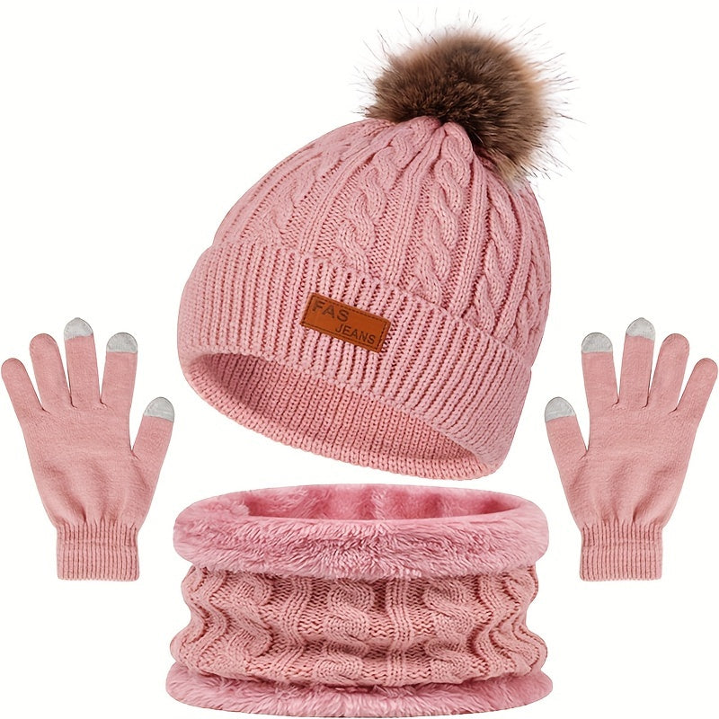 Iris - Winter 3-in-1 Set met Pom-Pom | Warme Gebreide Muts, Sjaal en Touchscreen Handschoenen