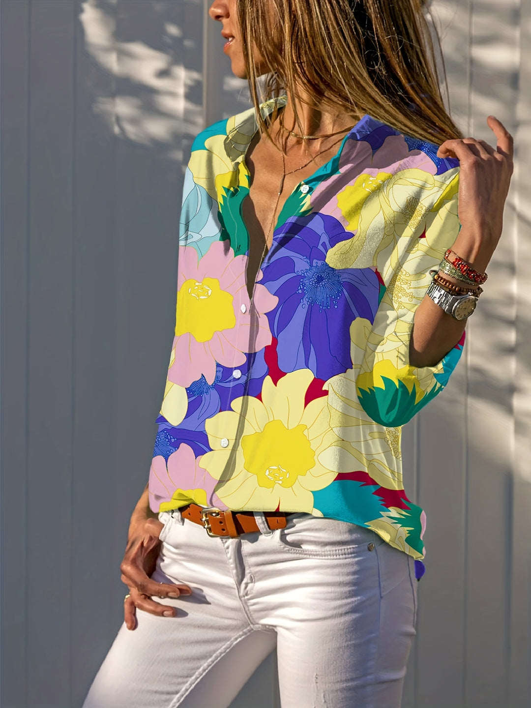 Laura - Floral Print Polo Blouse with Button Closure