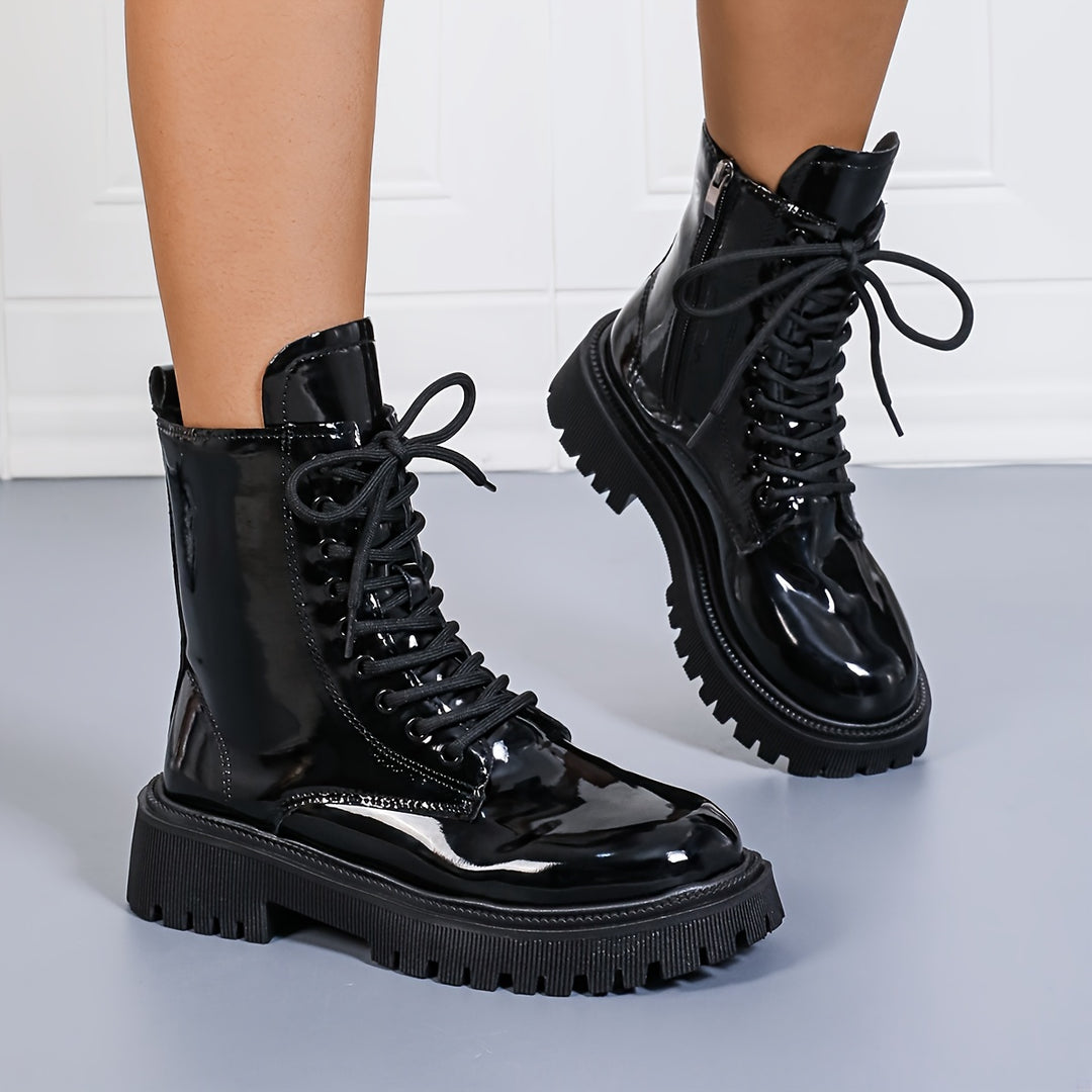 Yara - Trendy Mid-Calf Platform Boots with Lace-Up Closure