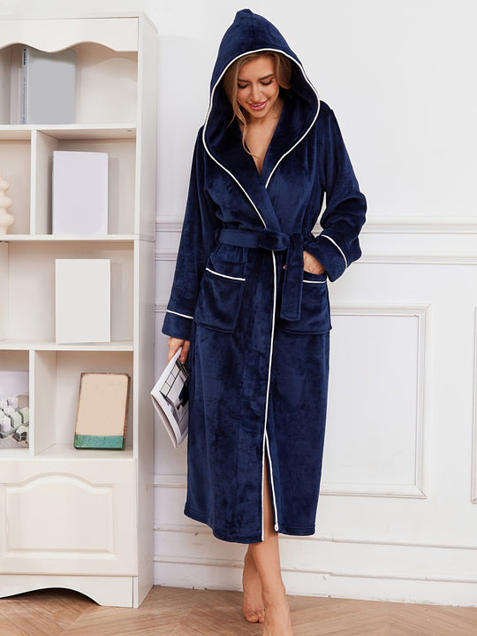 Isabelle - Elegant Plain Fleece Robe with Hood and Belt