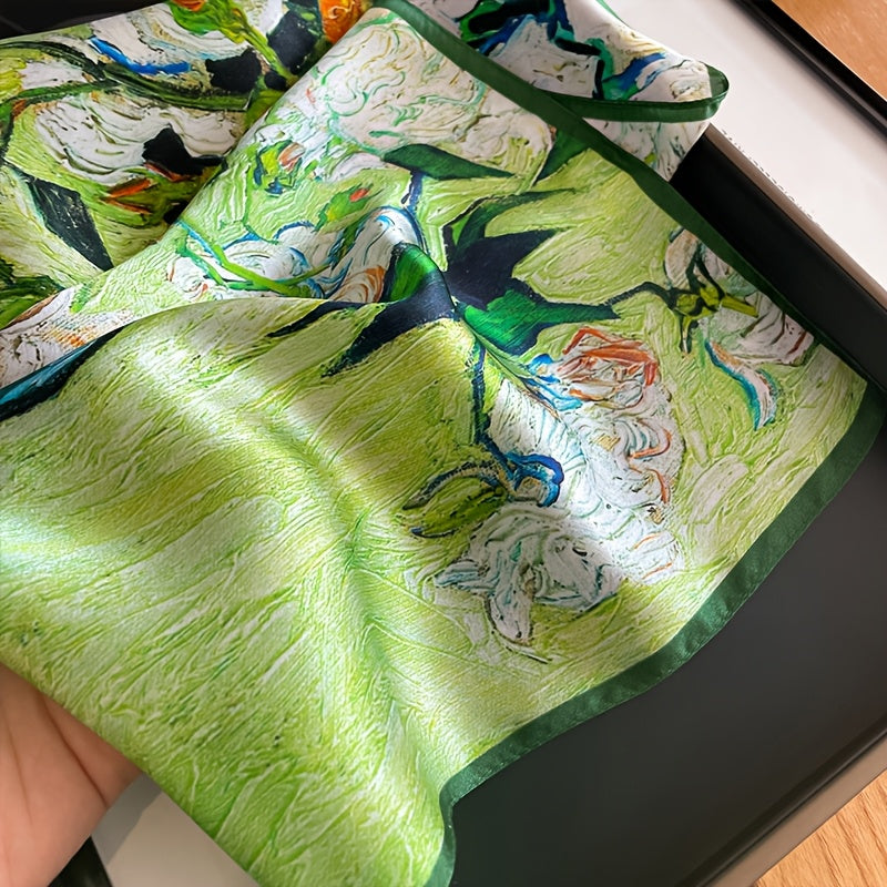 Yara - Elegant Silk Square Scarf with Oil Painting Print