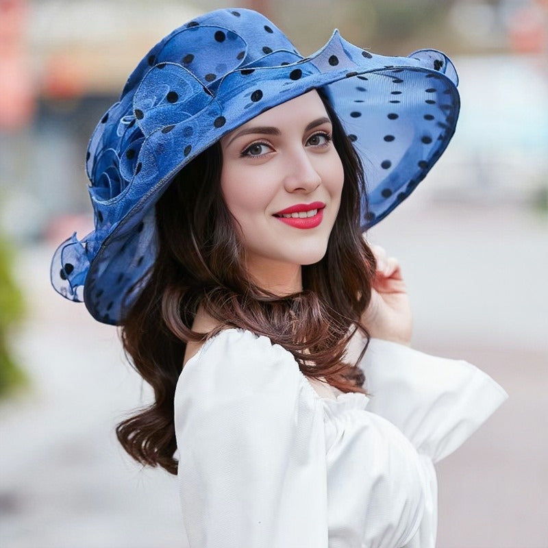 Isabella - Elegant Polka Dot Organza Sun Hat with Wide Brim