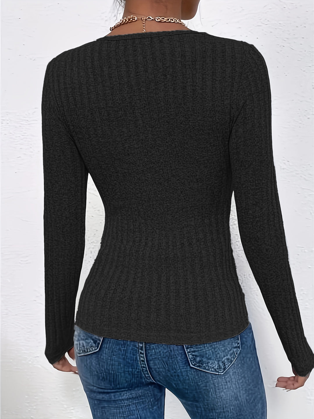 Fleur - Ribbed V-Neck Long Sleeve Top with Lace Details