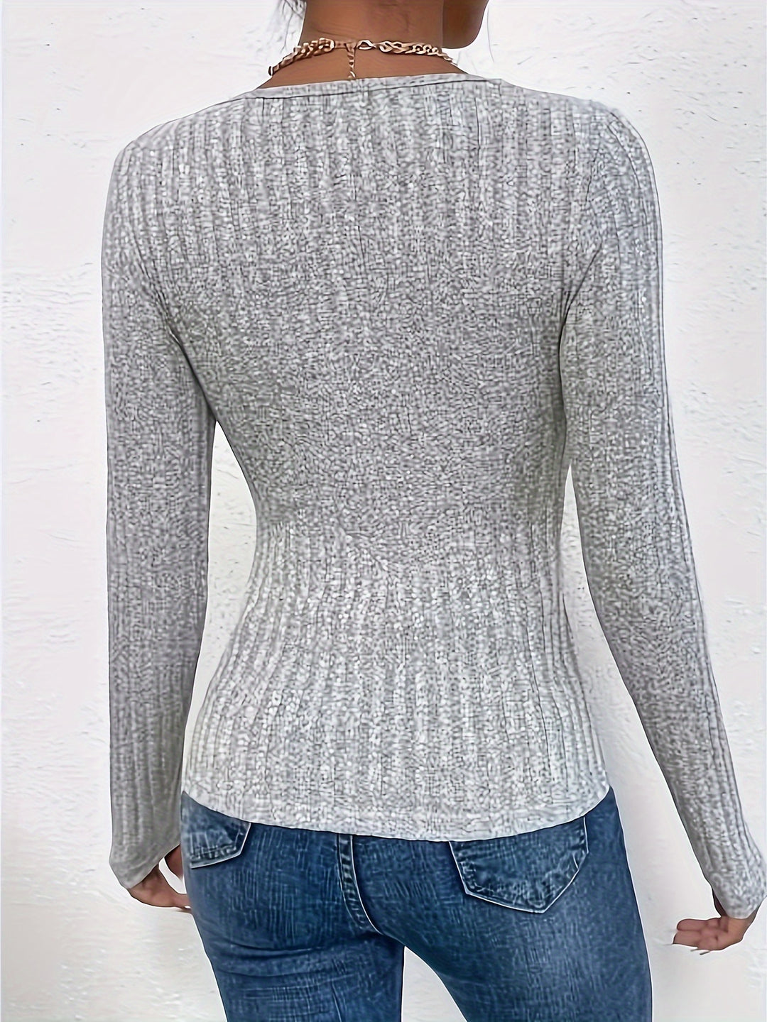 Fleur - Ribbed V-Neck Long Sleeve Top with Lace Details