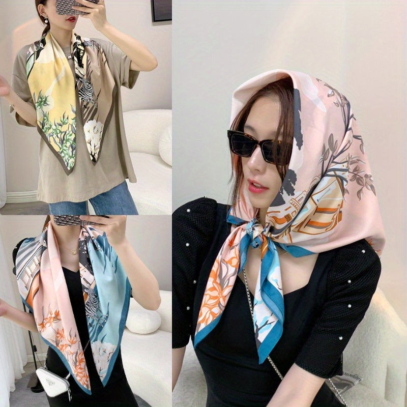 Elvira - Luxury Satin Square Scarf with Floral and Abstract Print