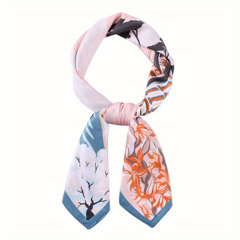 Elvira - Luxury Satin Square Scarf with Floral and Abstract Print