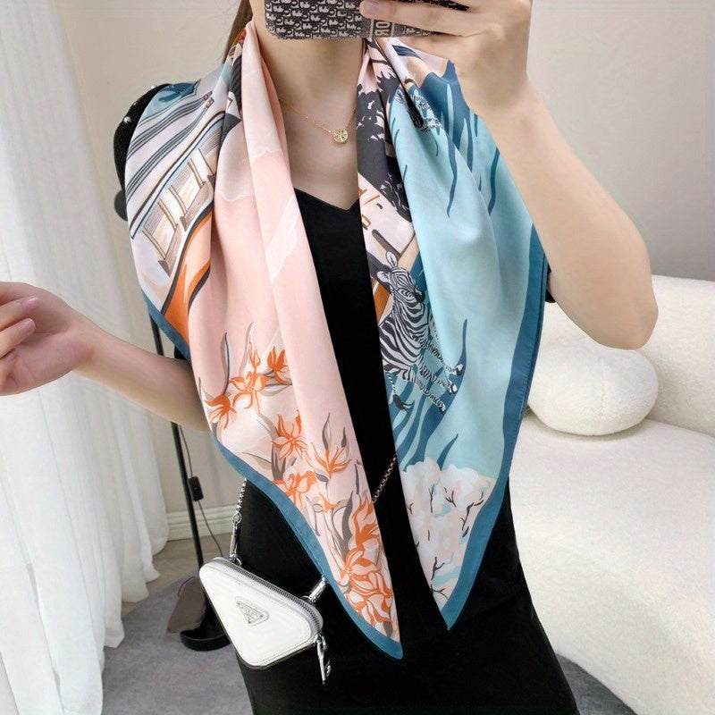 Elvira - Luxury Satin Square Scarf with Floral and Abstract Print