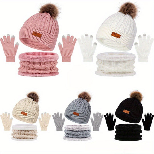 Iris - Winter 3-in-1 Set met Pom-Pom | Warme Gebreide Muts, Sjaal en Touchscreen Handschoenen