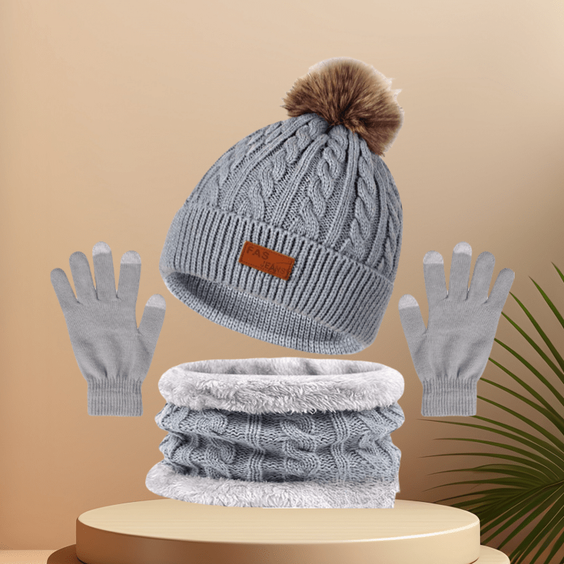 Iris - Winter 3-in-1 Set with Pom-Pom | Warm Knitted Hat, Scarf and Touchscreen Gloves