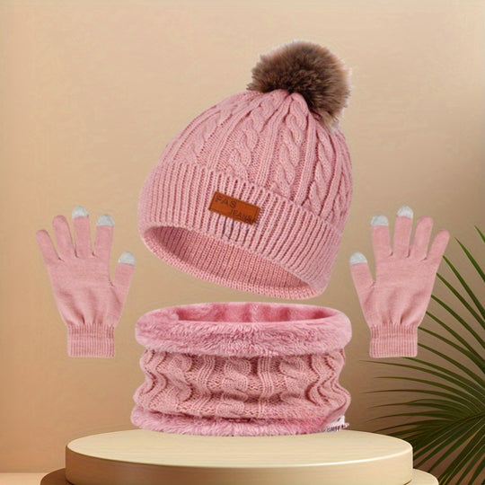 Iris - Winter 3-in-1 Set with Pom-Pom | Warm Knitted Hat, Scarf and Touchscreen Gloves