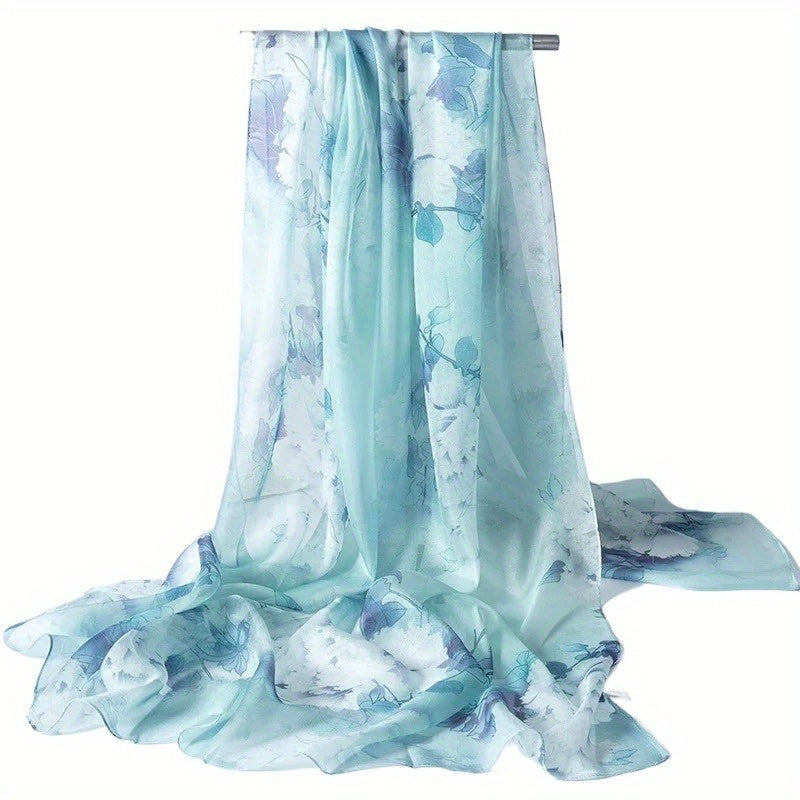 Iris - Elegant 100% Silk Scarf with Blue and White Design