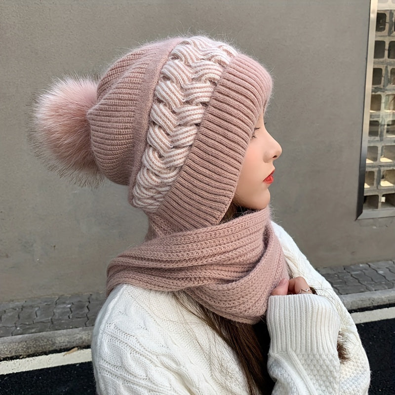 Maartje - Warme Gebreide Muts & Sjaal Set met Pompon - Rekbare Winteraccessoire