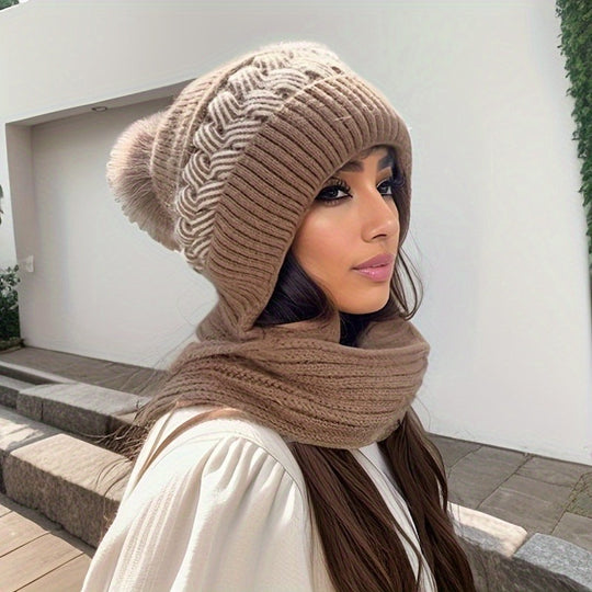 Maartje - Warm Knitted Hat &amp; Scarf Set with Pompom - Stretchy Winter Accessory