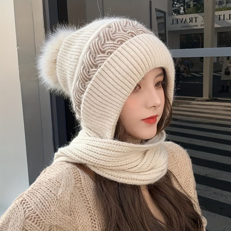 Maartje - Warm Knitted Hat &amp; Scarf Set with Pompom - Stretchy Winter Accessory