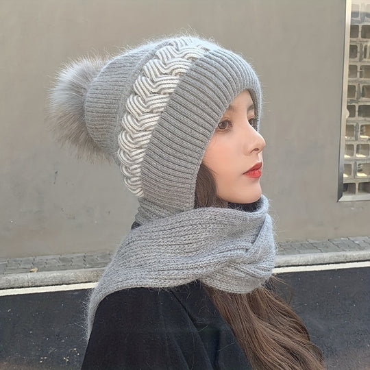 Maartje - Warm Knitted Hat &amp; Scarf Set with Pompom - Stretchy Winter Accessory