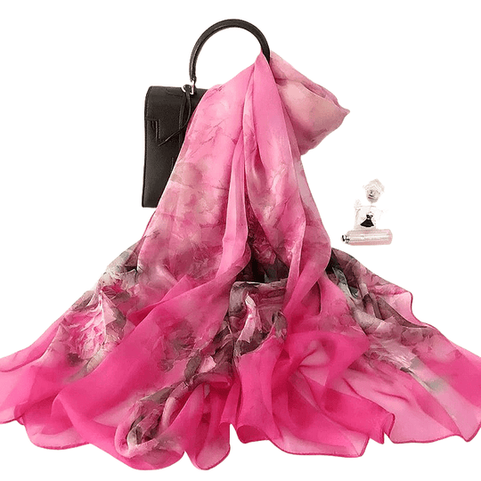 Fleur - Glamorous 100% Silk Scarf with Pink Floral Print