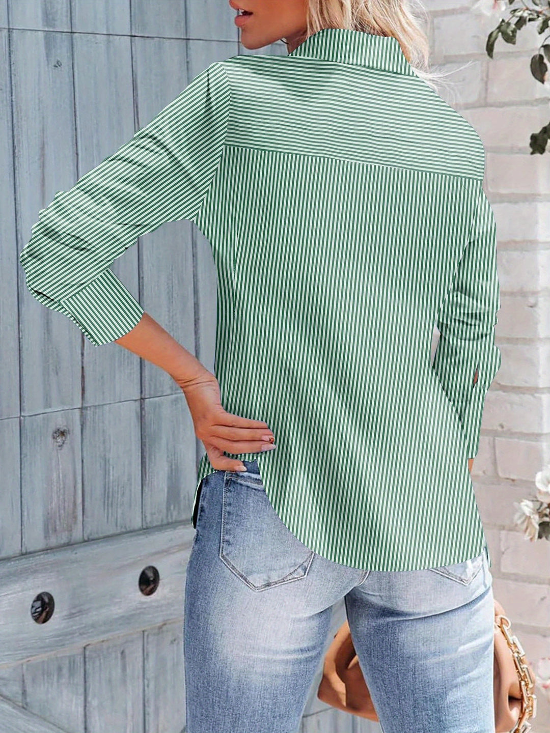 Lisanne - Striped Long Sleeve Blouse with Button Detail