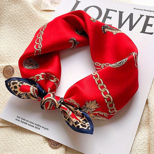 Isabella - Elegant Red Silk Scarf with Leopard Print