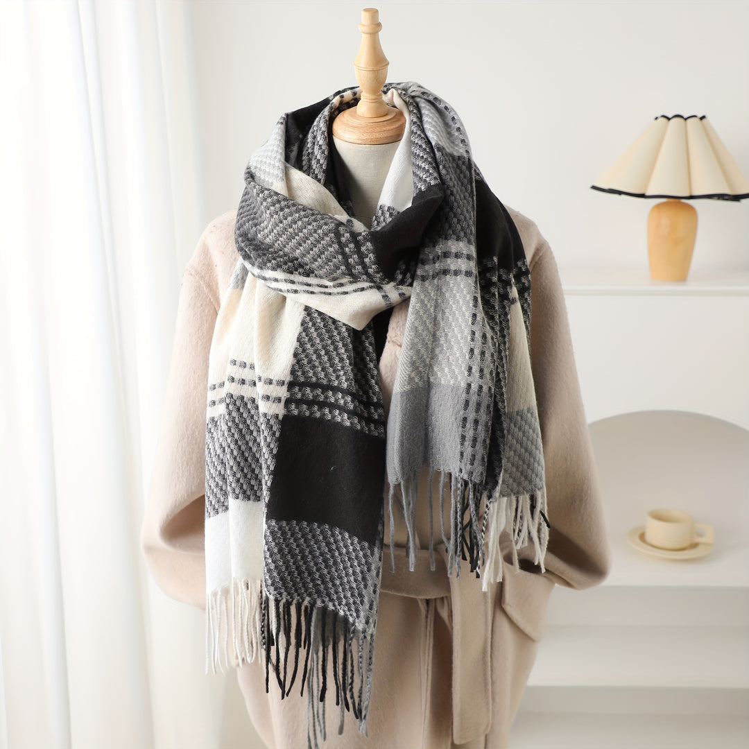 Marieke - Elegant Checked Scarf with Fringes, Warm &amp; Stylish for Fall/Winter