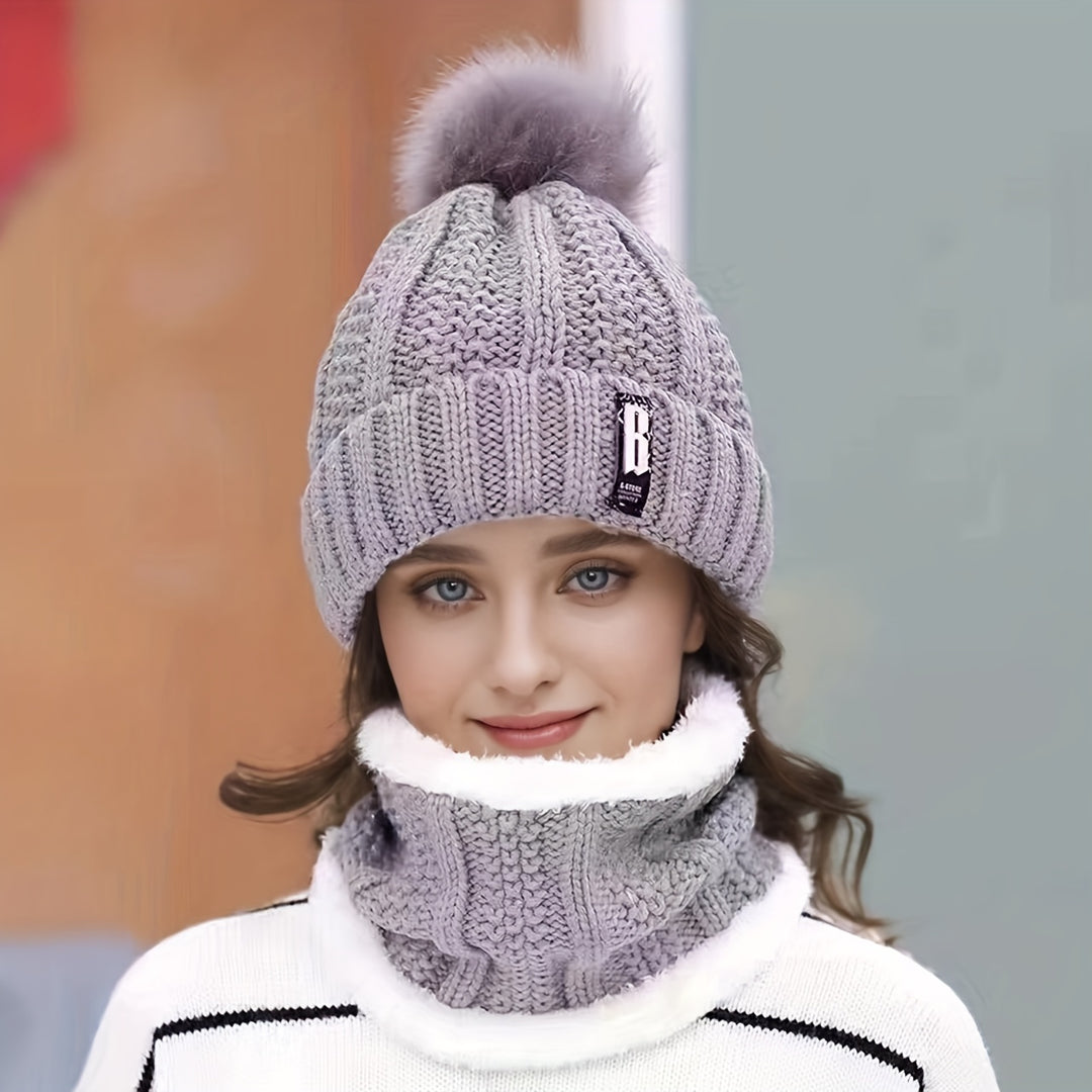 Iris - Knitted Winter Hat &amp; Scarf Set | Warm Fleece Lining with Pom-Pom Detail