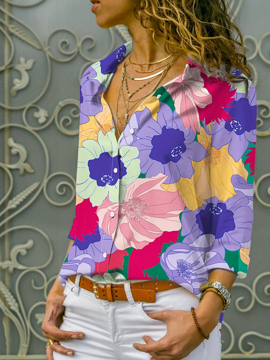 Laura - Floral Print Polo Blouse with Button Closure