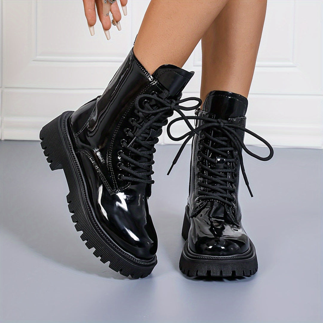 Yara - Trendy Mid-Calf Platform Boots with Lace-Up Closure