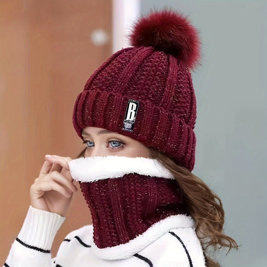 Iris - Knitted Winter Hat &amp; Scarf Set | Warm Fleece Lining with Pom-Pom Detail