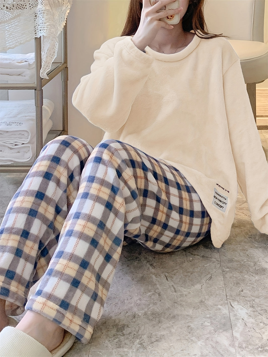 Amber - Warm Checked Pyjama Set with Embroidered Details and Round Neck