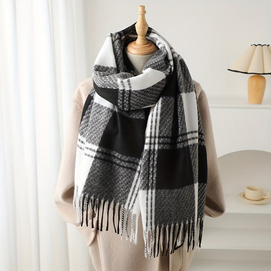 Marieke - Elegant Checked Scarf with Fringes, Warm &amp; Stylish for Fall/Winter