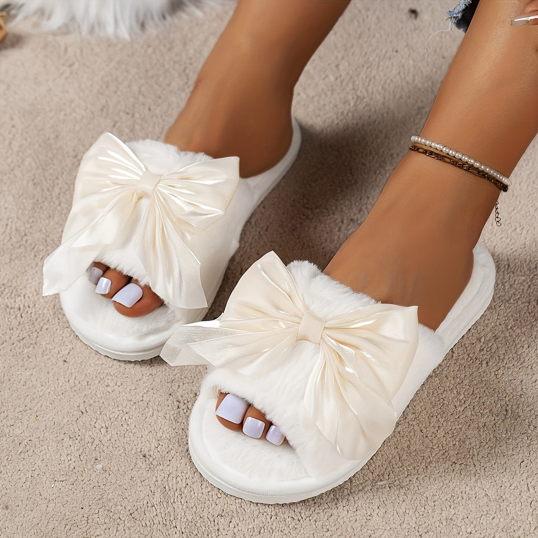 Nina - Decorative Bow Fluffy Slippers, Soft Lightweight Warm Shoes