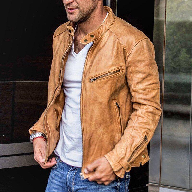 Mark - Classic Leather Men's Jacket with Multiple Zip Pockets