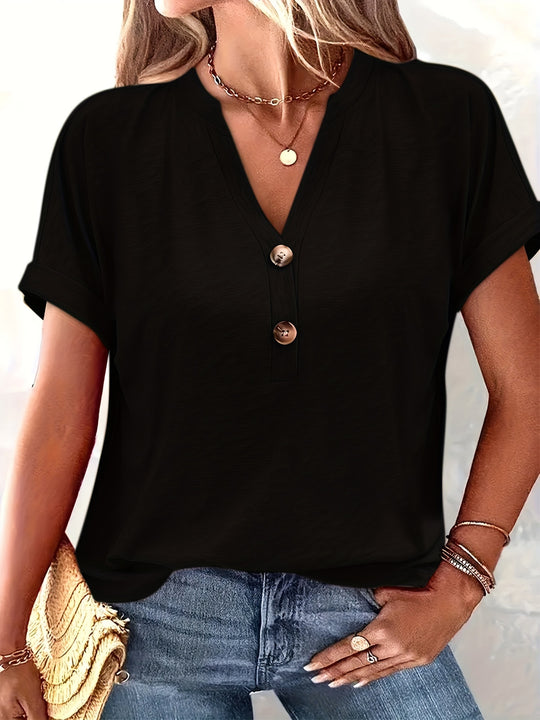 Femke - Button-down V-neck T-shirt, Casual Short Sleeve Top for Spring and Summer