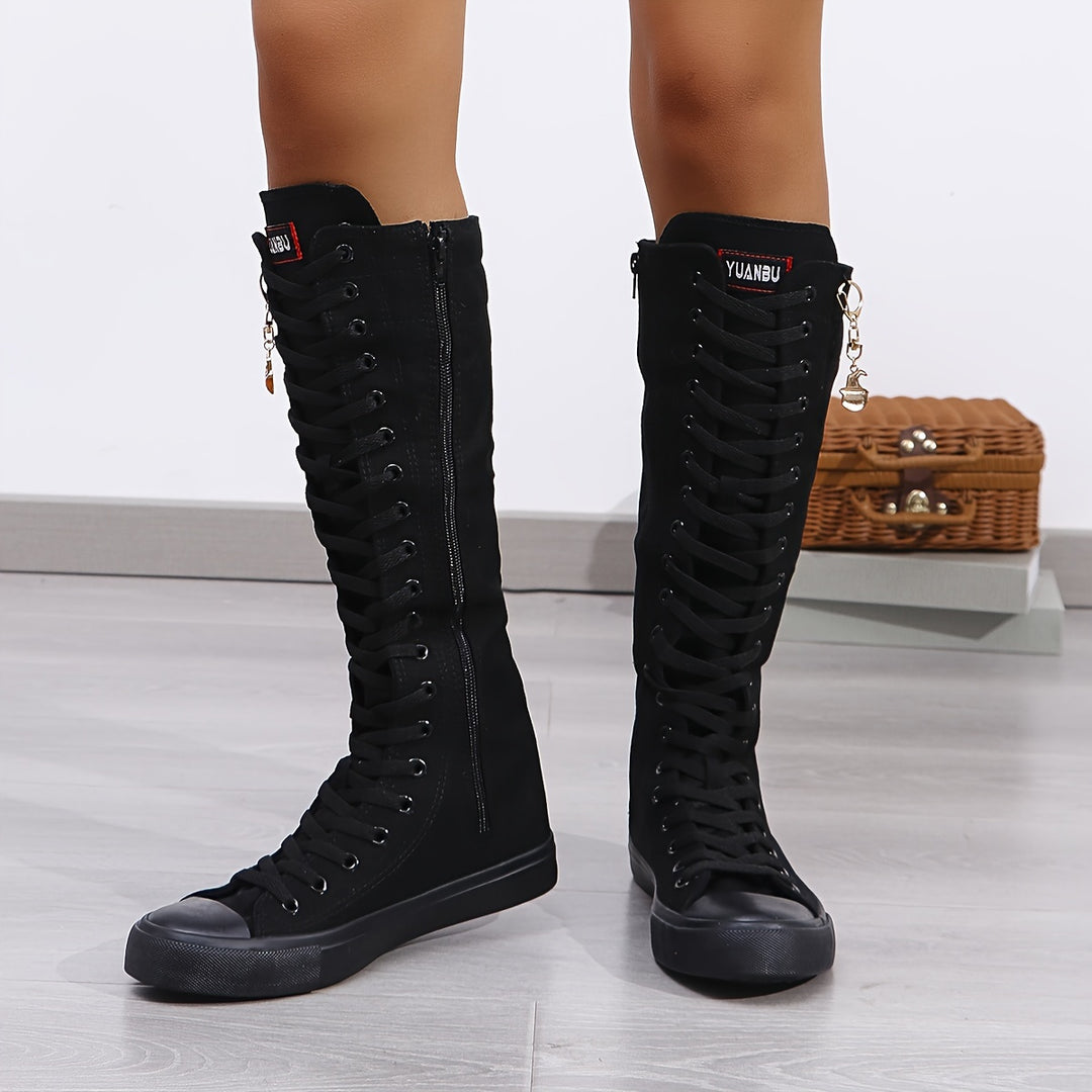 Sanne - Casual Knee High Canvas Boots With Zipper and Low Heel