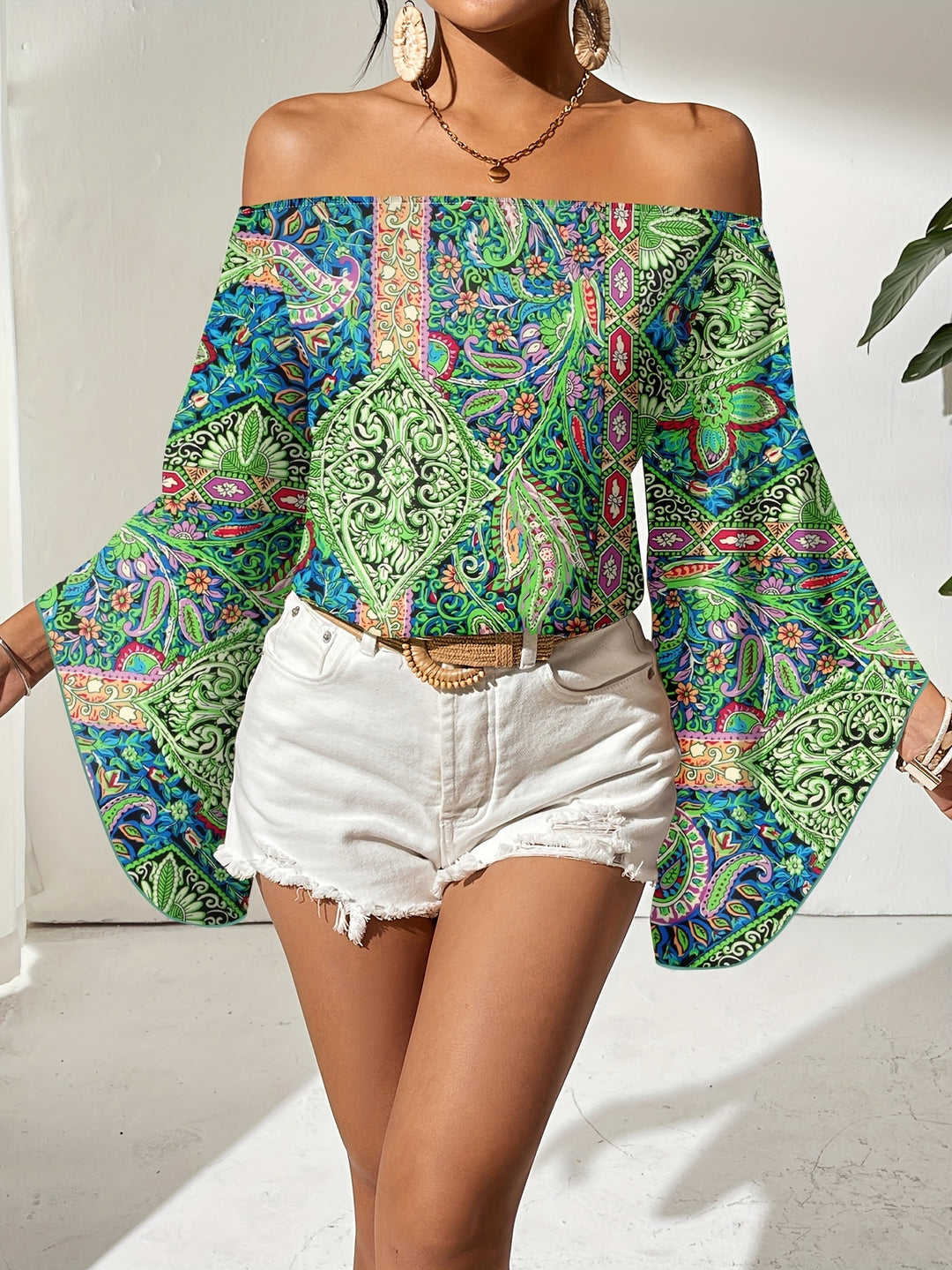 Fleur - Off-Shoulder Blouse With Geometric Print