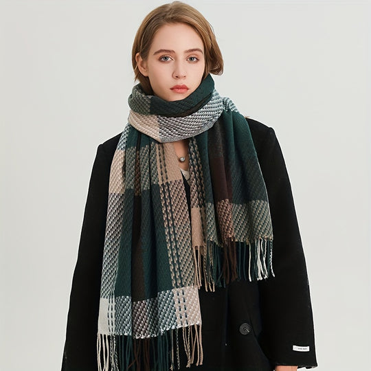 Marieke - Elegant Checked Scarf with Fringes, Warm &amp; Stylish for Fall/Winter