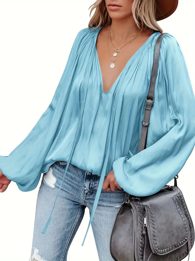 Isabelle - Long Sleeve Lantern Blouse with V-Neck for Spring and Summer