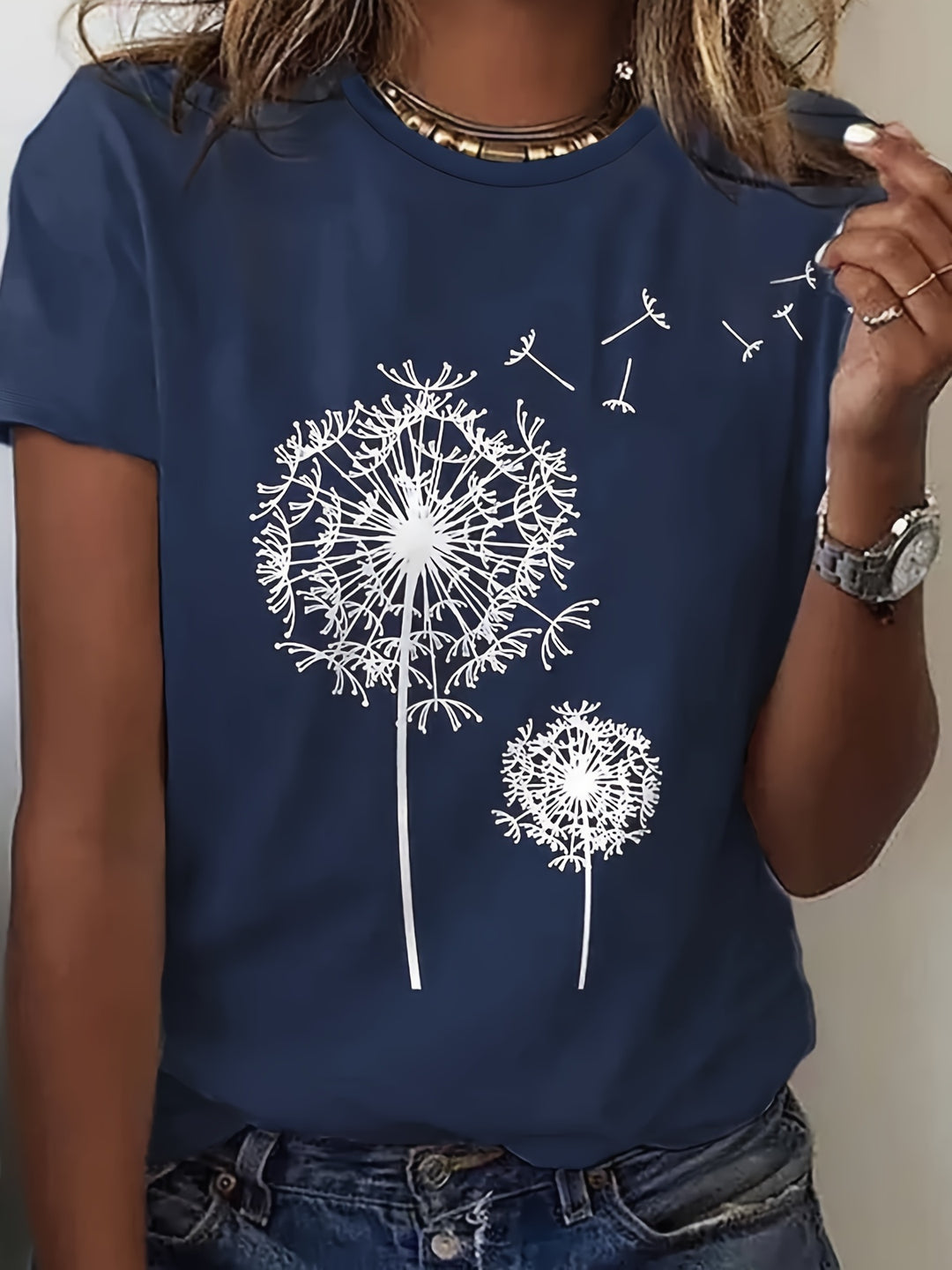 Dahlia - Dandelion Print T-Shirt, Casual Short Sleeve Top