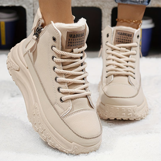 Livia - Dames Effen Pluche Laarzen, Platform, Lage Hak, Antislip Warme Winterlaarzen